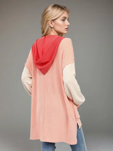 Peach and Coral Colorblock Hooded Ribbed Tunic with Pocket