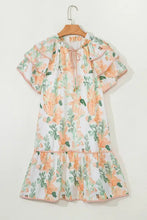 Peach and green floral ruffled romper and pajama set on white background