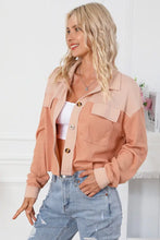 Peach and pink patchwork cropped jacket with long sleeve length and distressed denim jeans