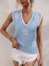 Light blue floral v-neck knit sweater vest with white trim