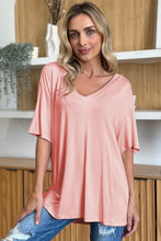 Peach Bamboo Fiber Oversized V-Neck Drop Shoulder T-Shirt for Women