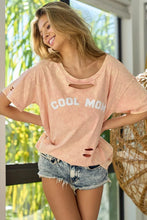 Peach Cool Mom Print Distressed T Shirt with Laser Cut Detail