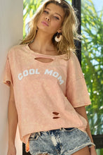 Peach Cool Mom Print Distressed T Shirt with Laser Cut Detail