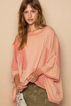Women’s frayed edge patchwork oversized t-shirt in peach and coral