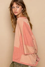Women’s frayed edge patchwork oversized t-shirt in peach coral