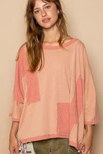 Peach coral frayed edge patchwork oversized t-shirt with 3/4 sleeves for women