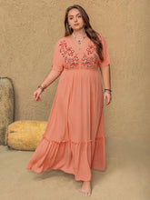 Peach Embroidered Maxi Dress with Ruffled Hem Coral