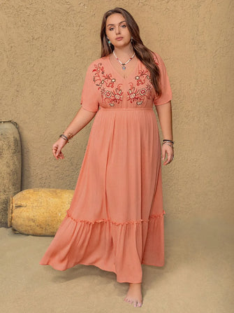 Peach Embroidered Maxi Dress with Ruffled Hem Coral