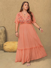 Peach Embroidered Maxi Dress with Ruffled Hem