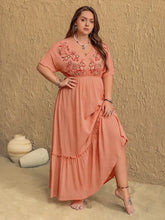 Peach Embroidered Maxi Dress with Ruffled Hem Maxi Dresses