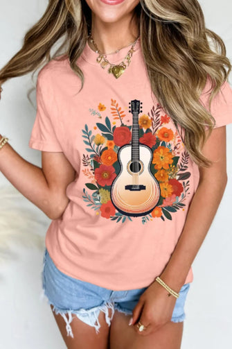 Peach Guitar Flower Print Crew Neck T Shirt for Women Watermelon pink