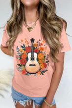 Peach Guitar Flower Print Crew Neck T Shirt for Women