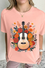 Peach Guitar Flower Print Crew Neck T Shirt for Women