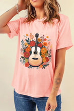 Peach Guitar Flower Print Crew Neck T Shirt for Women