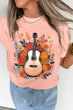 Peach Guitar Flower Print Crew Neck T Shirt for Women