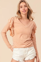 Peach Long Sleeve V-Neck Top with Ruffled Shoulders PEACH Woman T Shirts