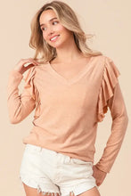Peach Long Sleeve V-Neck Top with Ruffled Shoulders Woman T Shirts