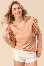 Peach Long Sleeve V-Neck Top with Ruffled Shoulders Woman T Shirts