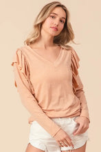 Peach Long Sleeve V-Neck Top with Ruffled Shoulders Woman T Shirts