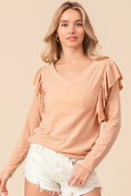 Peach Long Sleeve V-Neck Top with Ruffled Shoulders Woman T Shirts