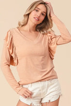 Peach Long Sleeve V-Neck Top with Ruffled Shoulders Woman T Shirts