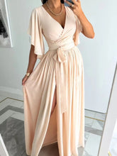 Peach Maxi Wrap Dress with Slit and Ruffled Details Khaki