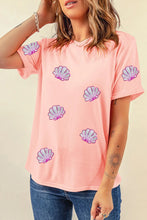 Peach Pink Seashell Pattern T-Shirt for Women with Sequin Embellishments