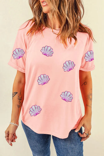 Peach Pink Seashell Pattern T-Shirt for Women with Sequin Embellishments Watermelon pink