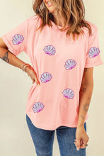 Peach Pink Seashell Pattern T-Shirt for Women with Sequin Embellishments