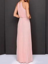 Peach Pleated Halter Maxi Dress in Polyester Maxi Dresses