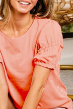 Peach Puff Sleeve Cotton Span Shirring Detailed Round Neck Top