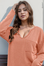 Peach Ribbed Long Sleeve Knit Top with Pocket for Women Tangerine