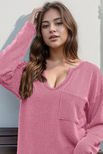 Peach ribbed long sleeve knit top with pocket and V-neck for women