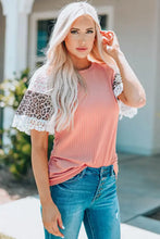Peach ribbed round neck top with leopard lace trim sleeves