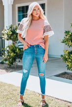 Peach ribbed round neck top with leopard lace trim sleeves