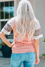 Peach ribbed round neck top with leopard lace trim sleeves