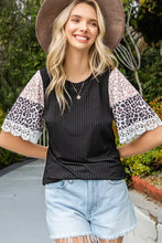 Peach ribbed round neck top with leopard lace trim sleeves
