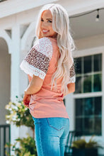Peach ribbed round neck top with leopard lace trim sleeves