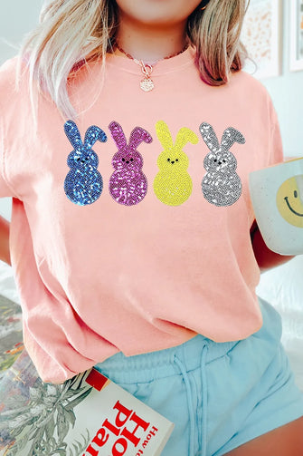 Peach Sequin Bunny Round Neck Short Sleeve T Shirt for Women Watermelon pink
