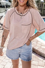 Blush pink short sleeve pocket top with striped raglan sleeves