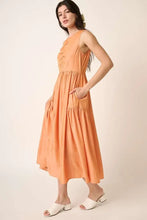 Peach sleeveless midi dress with ruched detail