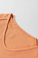 Peach V neck long sleeve waffle knit top with H&M orange mesh tank, slightly stretchy basic style
