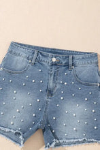 Pearl Beaded Raw Hem Wash Denim Shorts Denim Shorts