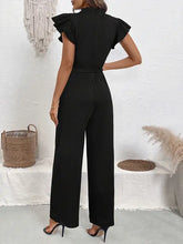 Pearl detail ruffled cap sleeve jumpsuit with wide-leg pants