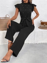 Pearl detail ruffled cap sleeve jumpsuit with tied waistband