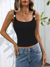 Black ribbed knit scoop neck tank with pearl detail buttons on shoulder straps for elegant casual wear