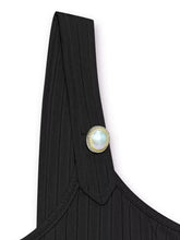 Black ribbed fabric strap with circular opal-like button and clear stones on pearl detail scoop neck tank
