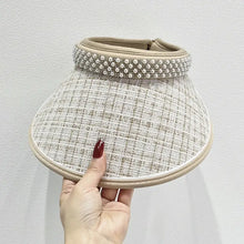 Pearl-detail beige sunscreen hat with checkered visor and headband