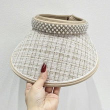 Pearl-detail beige checkered sunscreen hat with visor
