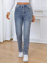 Light-wash denim pearl embellished high waist straight jeans with white polka dots and high-rise fit